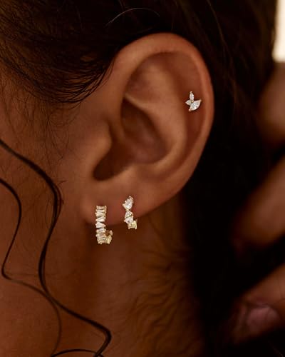 3 Pairs Small Earring Stacks, 14K Gold/Silver/Black/Rose Gold Plated Pearl Heart Butterfly Star Diamond Charm Drop Huggie Earrings Trendy Jewelry Gift for Women - color: Gold-Geometric