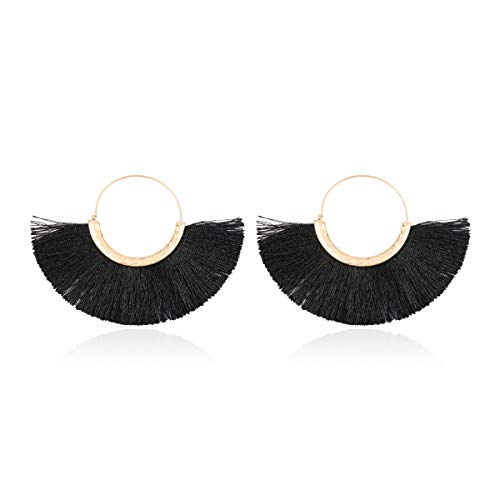 Bohemian Silky Thread Tassel Strand Fringe Statement Hoop Earrings - Lightweight Semi Circle Fan Threader, Mermaid Hoops - color: Halfmoon Tassel Hoops - Black
