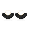 Bohemian Silky Thread Tassel Strand Fringe Statement Hoop Earrings - Lightweight Semi Circle Fan Threader, Mermaid Hoops - color: Halfmoon Tassel Hoops - Black