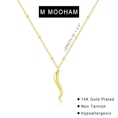 M MOOHAM Gold Necklace for Women Non Tarnish - Dainty 14K Gold Plated Beaded Chain Small Pendant Necklaces Simple Pearl Circle Beads Teardrop Pendant Necklace for Women Trendy Jewelry Gifts - color: Italian Horn Pendant