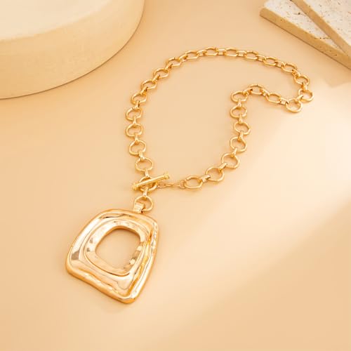 Chunky Gold Large Hollow Square Pendant Long Rope Necklaces for Women, Boho Big Silver Ethnic Style Necklace Statement Party Festival Jewelry Gifts - color: Gold Chunky