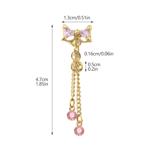 14G CZ Bowknot Reverse Belly Button Rings for Women Stainless Steel Pink Purple Crystal Bow Chains Tassel Dangle Belly Navel Rings Navel Curved Barbell Body Piercing Jewelry - color: White