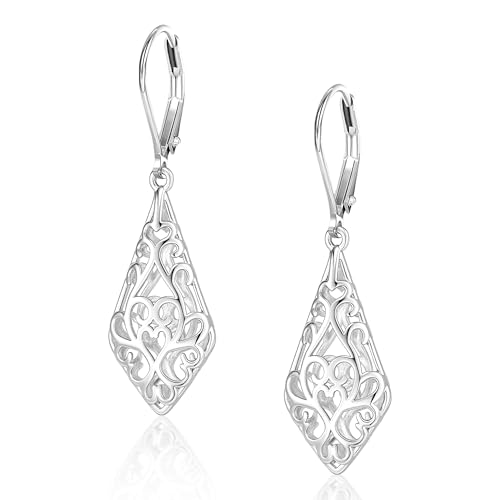 Dangle Earrings for Women, 14K Gold Plated Filigree Dangling Leverback Earrings, Silver Geometric Hypoallergenic Lightweight Dangly Drop Earings for Women Trendy Jewelry Gifts - color: A-Silver