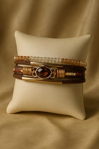 Boho Layered Bracelet for Women – Green Crystal Beaded Wrap Bracelet with Gold Clasp, Multi-Strand Hypoallergenic Statement Jewelry - color: Brown Amber