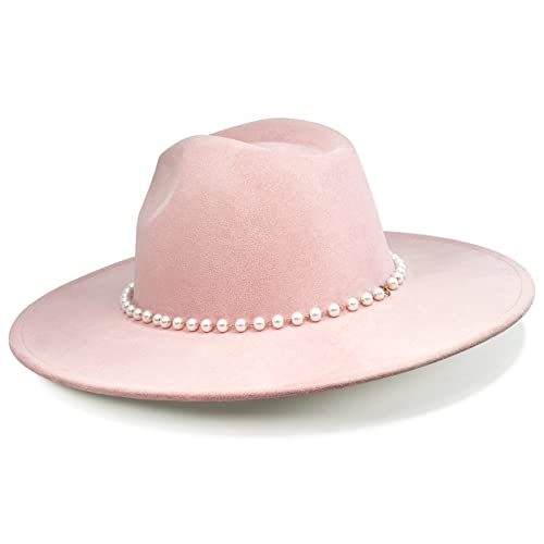 FLUFFY SENSE. Big Wide Brim Fedora Hat for Women - Nashville Outfits Western Hats Women's Felt Panama Rancher Hat - color: Rose Pink