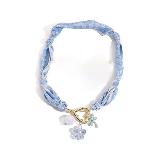 Scarf Long Fabric Colorful Silk Scarves Multi Pendant Necklace For Women Statement Boho Choker Twisted Ribbon Band Pearl Accent Heart Maple Leaf Bee Daisy Dragonfly Star Green Gem Charms - color: Blue Dragonfly