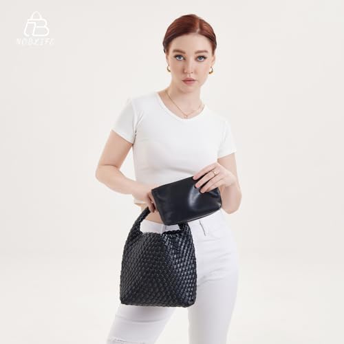 Woven Purses Bag for Women, Vegan Leather Handwoven Bags with Mini Handmade Purse - color: Black