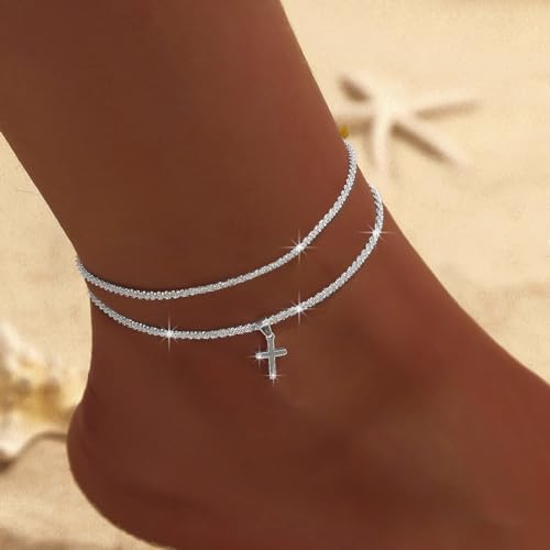 Ankle Bracelets for Women Gold Silver Layered Glitter Anklet for Women Waterproof Beach Cross Anklet Set Dainty Summer Foot Jewelry - color: Silver Cross Layered