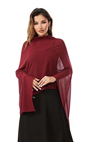 Shawls and Wraps for Evening Dresses Sheer Chiffon Women Elegant Soft Silky Sparkly Wedding Bridal Scarf - color: Burgundy B