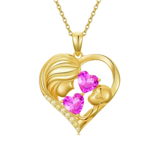 Mothers Day Gifts 14K Yellow Gold Mother Daughter Heart Pendant Necklace with 12 Months Birthstone Birthday Gifts for Mom Anniversarry Jewelry for Mom Wife Girlfriend - color: 10-10-Oct-Oct Birthstone