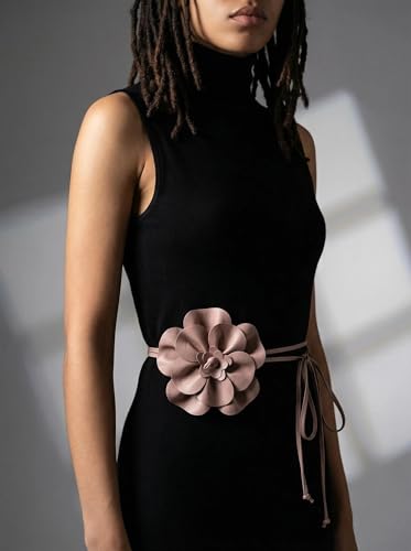 Boho Big Flower PU Leather Waist Belt Chain for Women Rose Floral Camellia Long Tassel Adjustable Waist Band Jewelry - color: Pink
