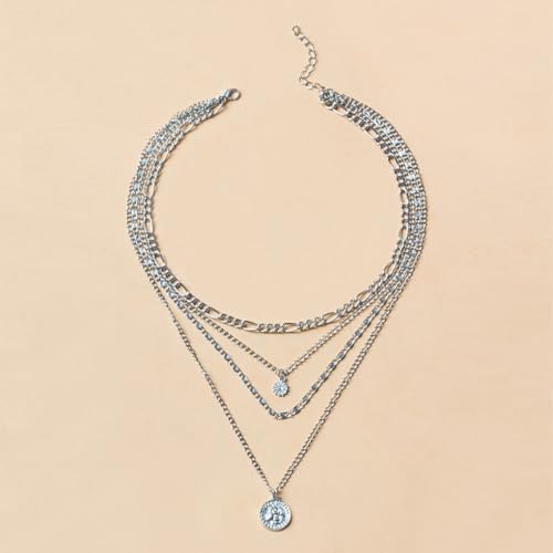 GIGB PBDK Layered Necklaces for Women Dainty 14K Gold Coin Sun Pendant Necklace Exaggerated Stackable Figaro Choker Necklace Trendy Birthday Jewelry Presents - color: Silver