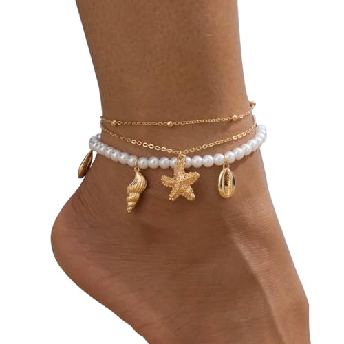 Ankle Bracelets for Women Waterproof Beach Jewelry for Women Elastic Beaded Anklets Boho Seashell Pearl Starfish Anklets for Women Foot Jewelry - style: 3 - 3 layer pearl shell conch