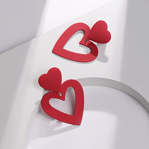 Double Heart Earrings Dangling Heart Drop Earrings For Women Love Heart Dangle Earrings Birthday Gift - color: Dark Red