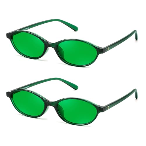 FEISEDY Retro Oval Sunglasses for Women Cat Eye 90s Lightweight Narrow Shades Trendy Sun Glasses B4196 - color: 2 Pack Green+green