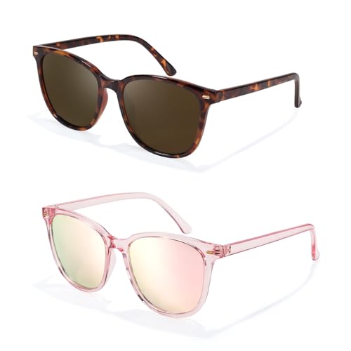 Myiaur Polarized Sunglasses for Women, Trendy Square Shades with UV400 Protection Sun Glasses for Daily (2 Pack) - color: A08 Tortoise+tp Pink/ Pink