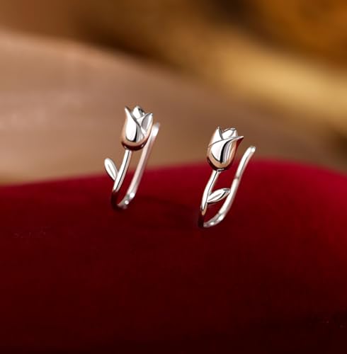 Reffeer Solid 925 Sterling Silver Flower Crawler Cuff Earrings Wraps for Women Teens Tulip Flower Wrap Earrings - color: A-Silver