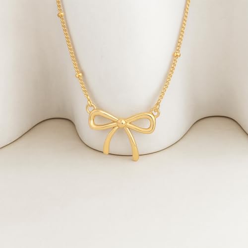 OGD Gold Necklace for Women, Bow Necklace 14K Layered Gold Necklace Dainty Bow Pendant Choker Necklace Trendy Bow Necklace Gold Chain Necklaces for Women Jewelry Gift - color: Beaded Bow-Gold