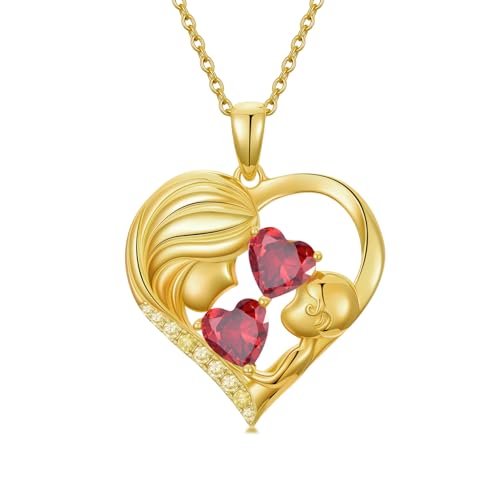 Mothers Day Gifts 14K Yellow Gold Mother Daughter Heart Pendant Necklace with 12 Months Birthstone Birthday Gifts for Mom Anniversarry Jewelry for Mom Wife Girlfriend - color: 01-01-Jan-Jan Birthstone
