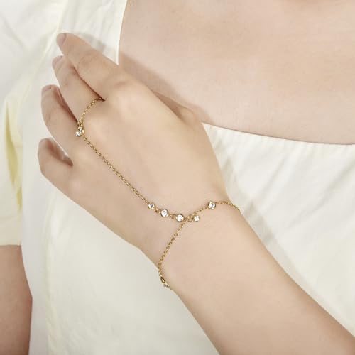 Hand Chain Bracelet Stainless Steel Finger Ring Bracelet Adjustable Gold Plated Hand Chain CZ Stackable Boho Minimalist Jewelry for Women - color: Gold Hand Chain Bracelet AN134G