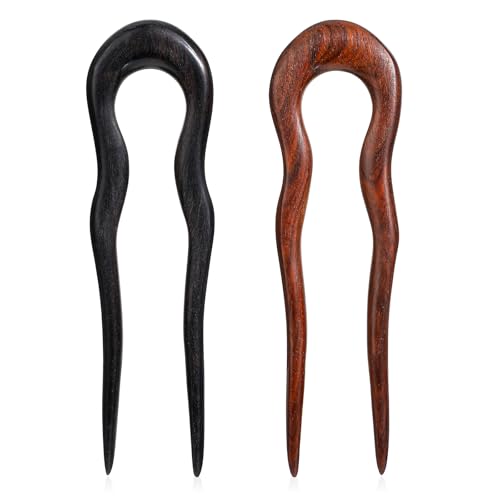 2 Pack Wooden Hair Sticks for Women, U Shaped Hair Fork, French U Shaped Hairpin with Two Prongs Hair Clips, U Shape Hair Forks for Long Hair, Frosted French Hair Pin, Vintage Matte Hair Pins - color: 2 Pcs