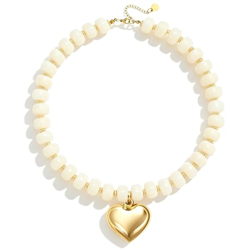 Chunky Colorful Beaded Necklaces for Women Big Bead Boho Choker Necklace Trendy Heart Statement Necklace Summer Beach Jewelry Mothers Day Gifts for Mom Daughter - color: Heart White Choker