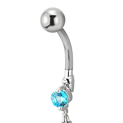 COOLSTEELANDBEYOND Belly Chain Belly Button Ring Body Jewelry Piercing Navel Ring with Long Dangle Cubic Zirconia - color: E-Metal Color:Silver; Stone Color:Blue