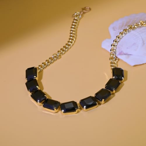 Fashionable Chunky Plated Tennis Rhinestone Statement Necklace Jewelry Set for Women Multicolor gem necklace with Great Sparkle and Shine Design for Women to Easy Match - color: BLACK rhinestone necklace