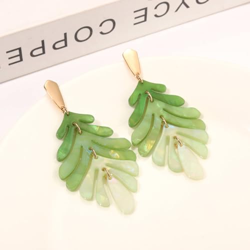 ARATLENCH Acrylic Pendant necklace Earrings – Long Statement Leaf Charm Necklace Tortoise Resin Palm Leaf Earrings Fashion Necklaces Earrings for Women - color: green A