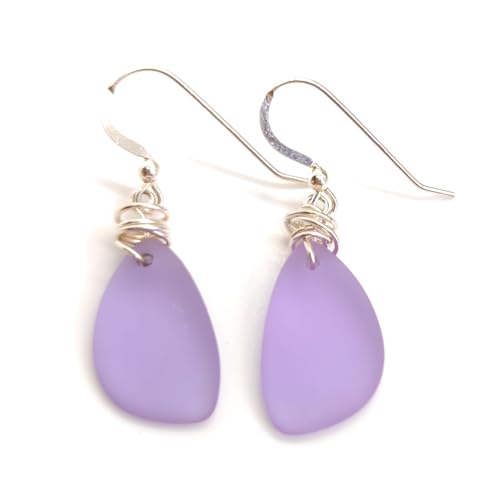 Popular Recycled Sea Glass Earrings on Sterling Silver Hooks - color: Lavender 2