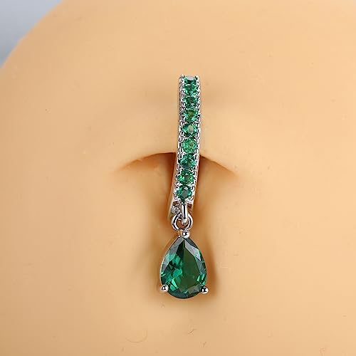 FIBO STEEL 14G Clicker Belly Rings 316L Surgical Steel Dangle Belly Button Ring CZ Teardrop Pendant Navel Rings Barbell Body Piercing Jewelry - color: Green