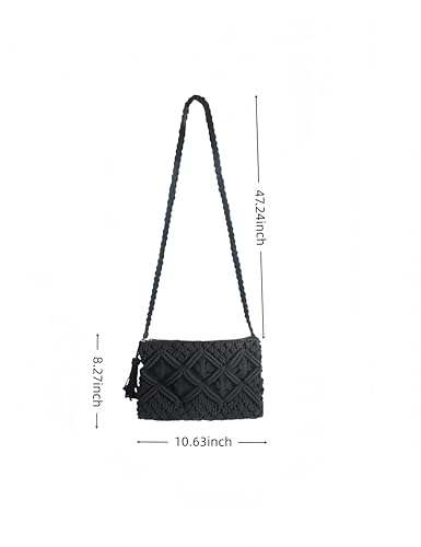Cotton Crochet Crossbody Bag, Black Woven Purse, Boho Shoulder Bag, Summer Purse Lightweight Casual Handbag for Daily Use