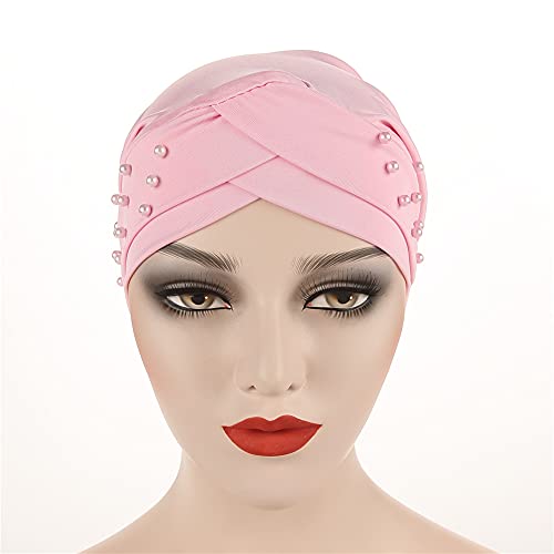 Women Beaded Silky Beanie, Pre-Tied Turban Head Wrap Cap for Chemo Chemical Cancer Hair Loss Cover Hat - color: Pink