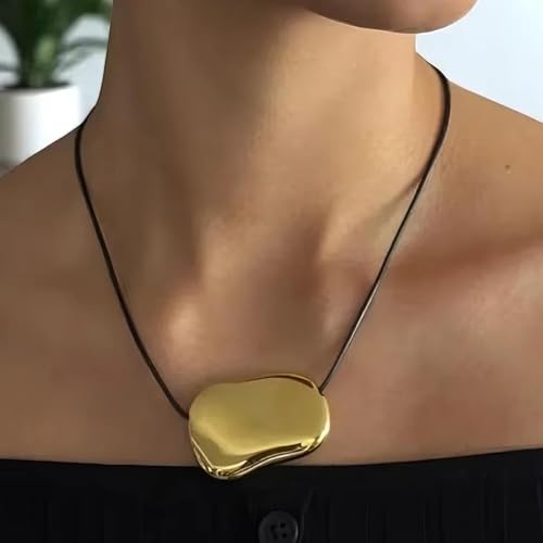 Black Cord Necklace with Gold Circle Pendant Chunky Leather Cord Necklace Large Round Pendant Statement Necklace Long Boho Jewelry Western Outfit for Women - color: B3