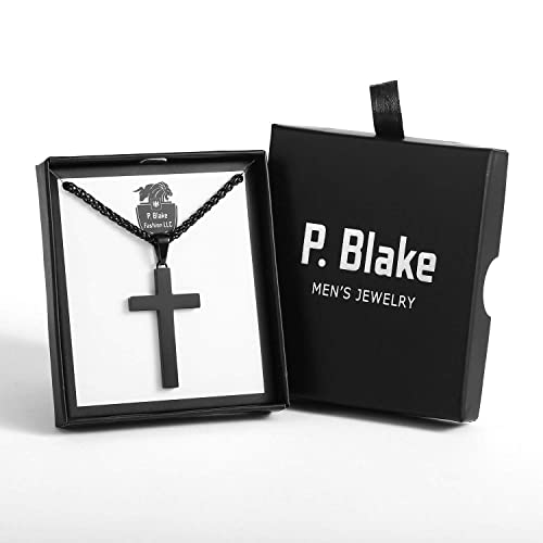 P. BLAKE Cross Necklace for Men Boys- Stainless Steel Cross Pendant with 16-24 Inches Chain Christian Religious Jewelry Gifts - size: 20 inches, style: Black Pendant 1.7*0.9
