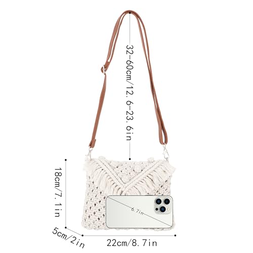 Goclothod Women Crochet Fringed Shoulder Bag Cotton Tassel Crossbody Bag Hippie Beach Purse - color: Crochet Cream
