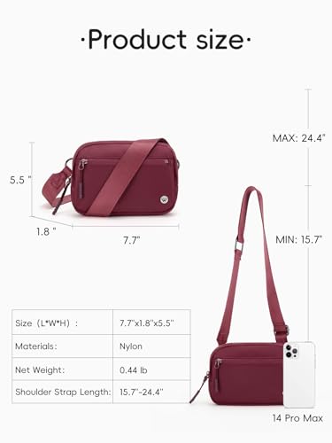 WESTBRONCO Small Crossbody Bags for Women Nylon with Adjustable Strap, Zipper Crossbody Purse, 1L Shoulder Bag for Travel - color: Wine Red