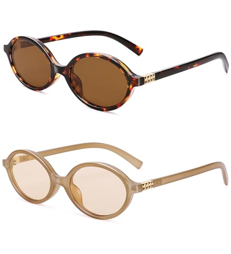 NULOOQ Retro Oval Sunglasses for Women 90s Trendy Vintage Small Round Sunnies Shades - color: A3* (Tortoise/Brown + Light Brown/Light Brown) - 2 Pack
