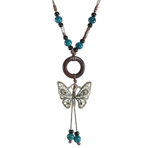 Boho Necklace for Women,Vintage Butterfly Pendant Necklaces,Adjustable Wooden Beads Layered Braided Choker,Fashion Tribal Style Leather Rope Necklace Jewelry,Chunky Statement Gift for Women - color: Bronze-colored