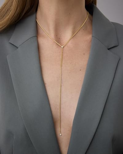 PAVOI 14K Gold Plated Drop Lariat Chain for Women - Cubic Zirconia Long Necklace - Station Star Layered Beaded Y Necklace - style: Bezel