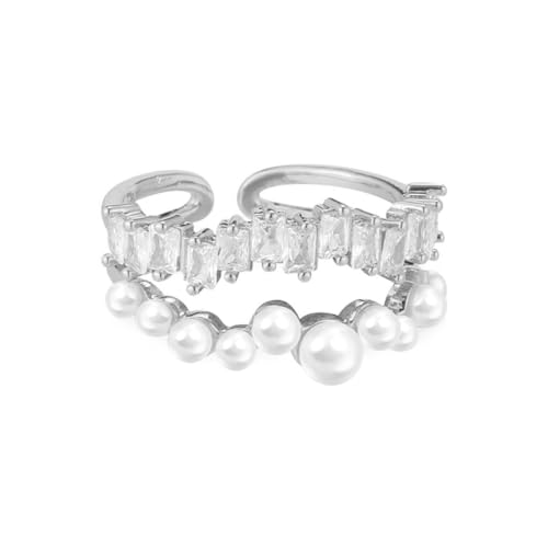 Vintage Crystal Pearl Ring Adjustable Shiny Rhinestone Wrapped Ring Layered Cocktail Knuckle Finge Rings Irregular Pearl Open Band Rings Jewelry Gifts - color: Silver