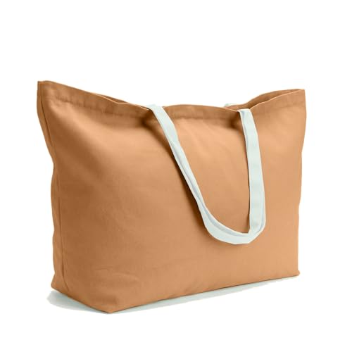 Large Canvas Tote Bag-Extra Big Shopping Beach Totes Bags Reusable Largest Grocery Plain Solid Bag 28"x8"x16" - color: Brown With Zipper