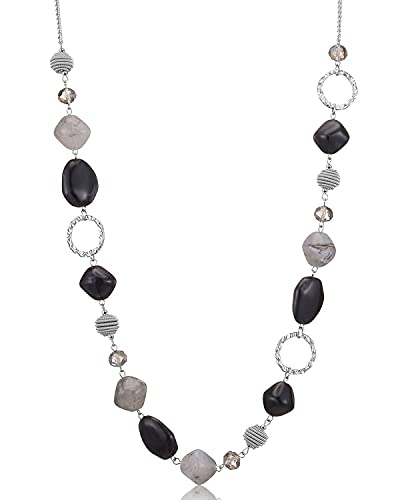 BULINLIN Beaded Long Necklace for Women Silver Sweater Chain Necklace with Crystal Resin Beads, Fashion Jewelry Necklace - color: 53-Black and grey