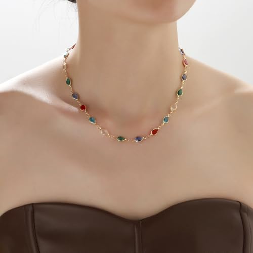 Beaded Choker Necklaces for Women 18k Gold Plated Dainty Gold Choker Necklaces for Women - style: Colorful Oval 23