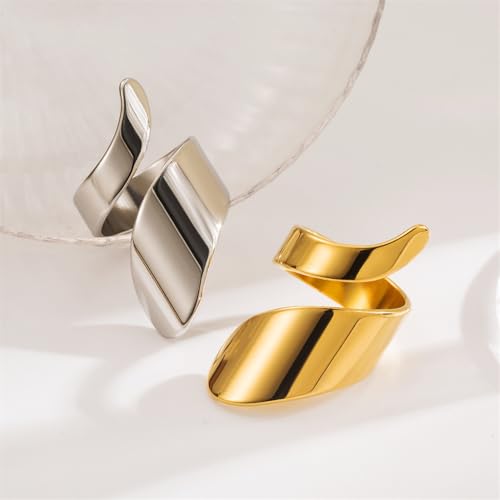 Dtja Twisted Stacking Statement Ring for Women Gold Plated Stainless Steel Fashion Spiral Open Wrap Band Finger Rings Comfort Fit Unique Birthday Holiday Jewelry Gift Size 7-8 - color: Gold-Tone