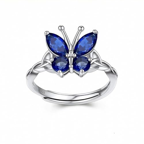 Bestyle 925 Sterling Silver Butterfly Ring Hypoallergnic Adjustable Birthstone Rings for Women Butterfly Jewelry Gifts for Anniversary Mothers' Day Birthday - color: 09.September (Sapphire)-TOP