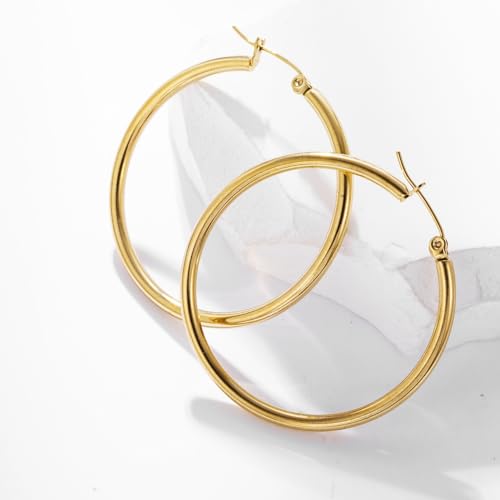 Stainless Steel Hoop Earrings for Women Gold Tone Geometric, Huggie Heart Twisted Minimalist Engraved Designs for Daily Wear - color: Gold_41*40mm