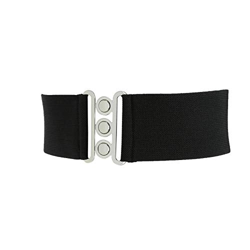 FASHIONGEN - Wide Waist Elasticated Woman Belt Made in France, GLORIA - color: Black (Silver Buckle), size: XL / waist size 34 to 36
