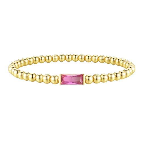 FUNEIA Birthstone Gold Beaded Bracelets for Women Non Tarnish Trendy Dainty 14K Gold Plated Cute Stackable Bead Stretch Friendship Bracelet Stack for Best Friend Couples Birthday Gifts Jewelry - color: 07. July(Ruby Bracelet), size: 7.5 Inches