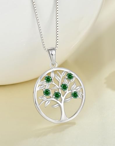 Tree of Life Necklace for Women - Solid 925 Sterling Silver 18K White Gold Plated Birthstone Pendant Jewelry - color: 05-May_Emerald